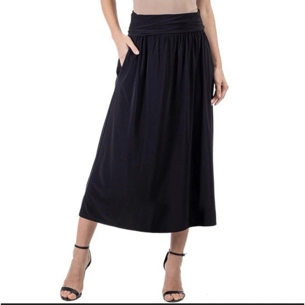 NWT 24Seven Comfort Apparel Maxi Skirt Black Pockets Foldover Casual Relaxed - Picture 2 of 8